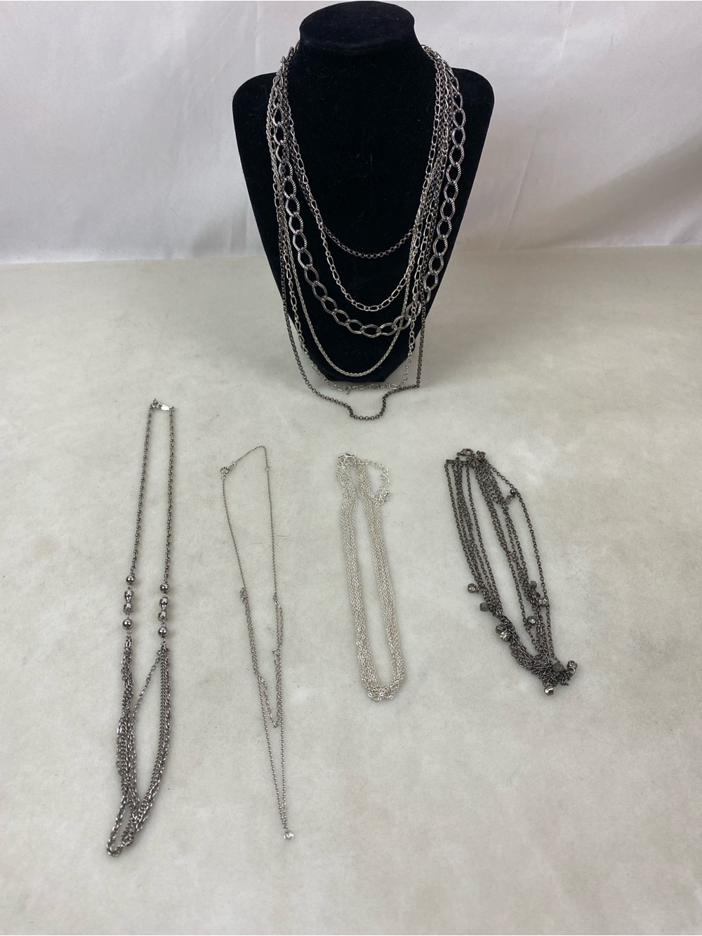 Silver Tone Layered Necklace Lot Multi Strand Chain Statement Jewelry